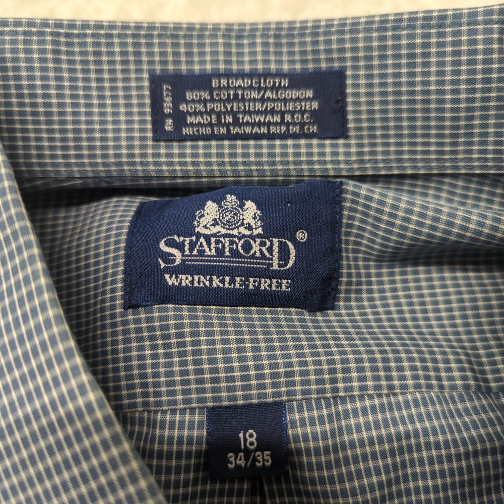 Stafford Dress Shirt Mens 18 34/35 Blue Micro Check Wrinkle Free Button Down Vtg - Picture 6 of 11